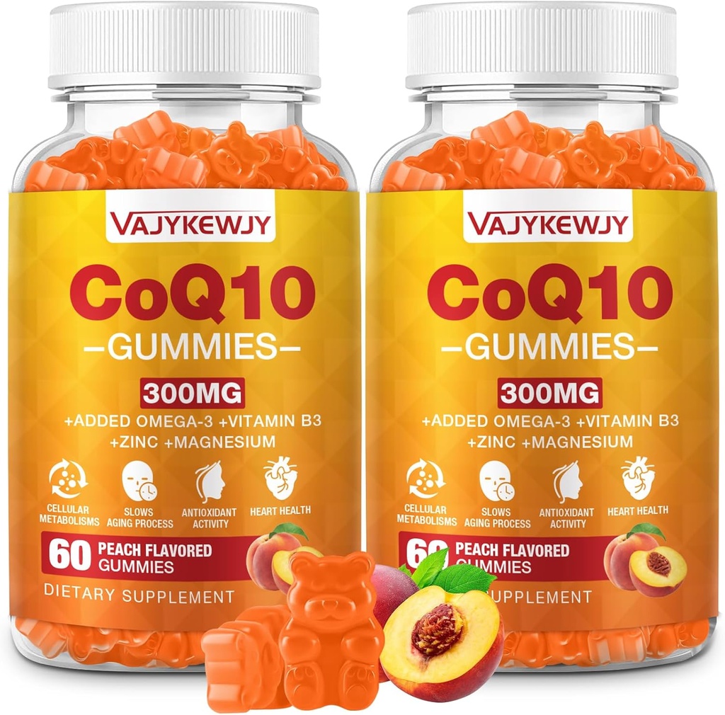 2 Pack CoQ10 Gummies 3000 mg - Plus Oméga-3, Vitamine B3 & Zinc, Suppléments Coenzyme haute absorption Q10 pour l'énergie cellulaire et le soutien antioxydant, Vegan 120 Compte