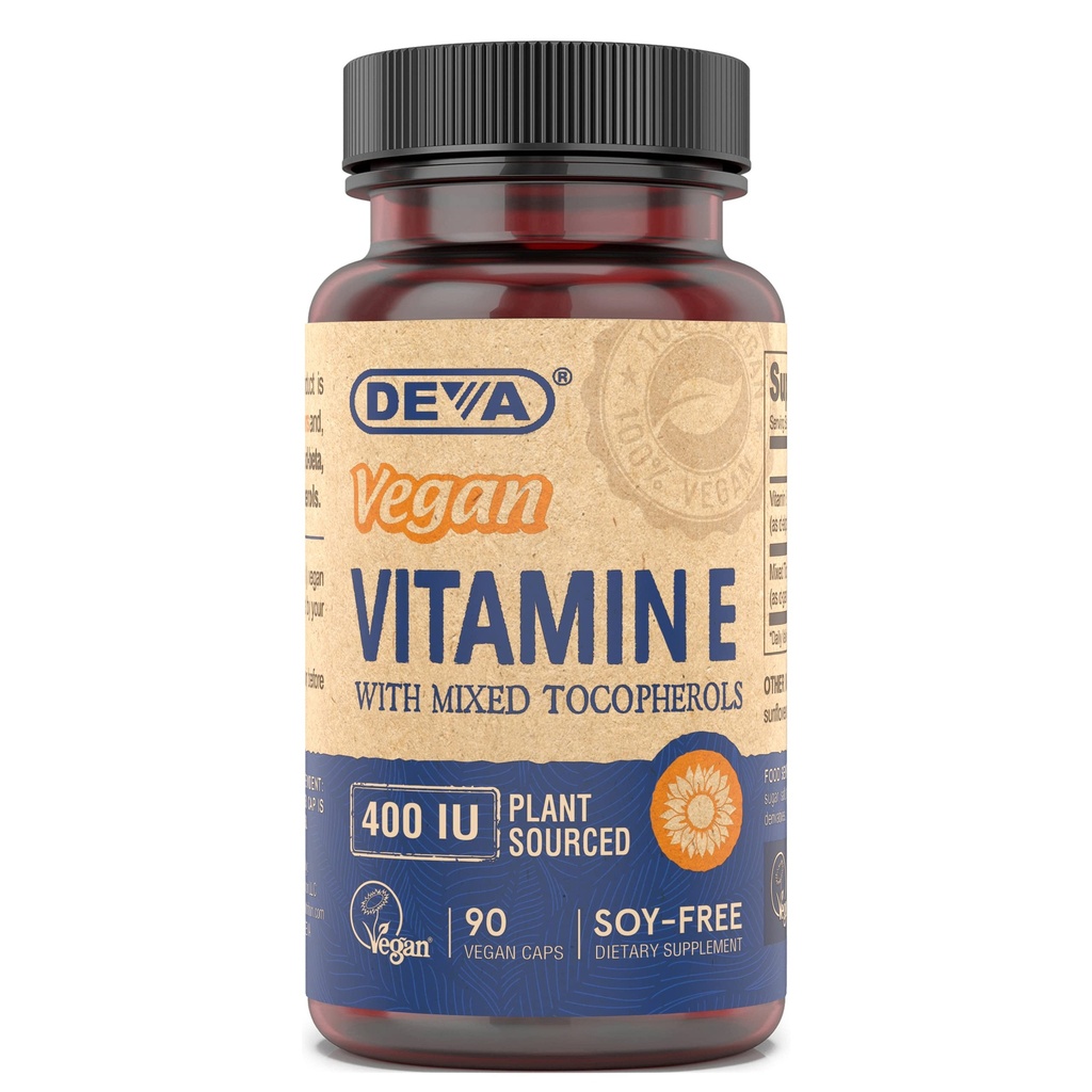 Vitamines véganes DEVA Vitamine naturelle E 400UI avec des tocophérols mélangés, soutient le système immunitaire et la nutrition de la peau, antioxydant naturel et sans gluten, sans lait, sans OGM, 90 capsules