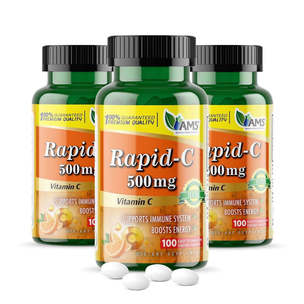America Medic & Science Rapid-C 500mg Vitamin C Supplement (3 Pack of 100 Tablets) Energy Booster, Daily Immune System Support, Antioxidant | Vegan, Non-GMO Coated Ascorbic Acid for Adult Men & Women