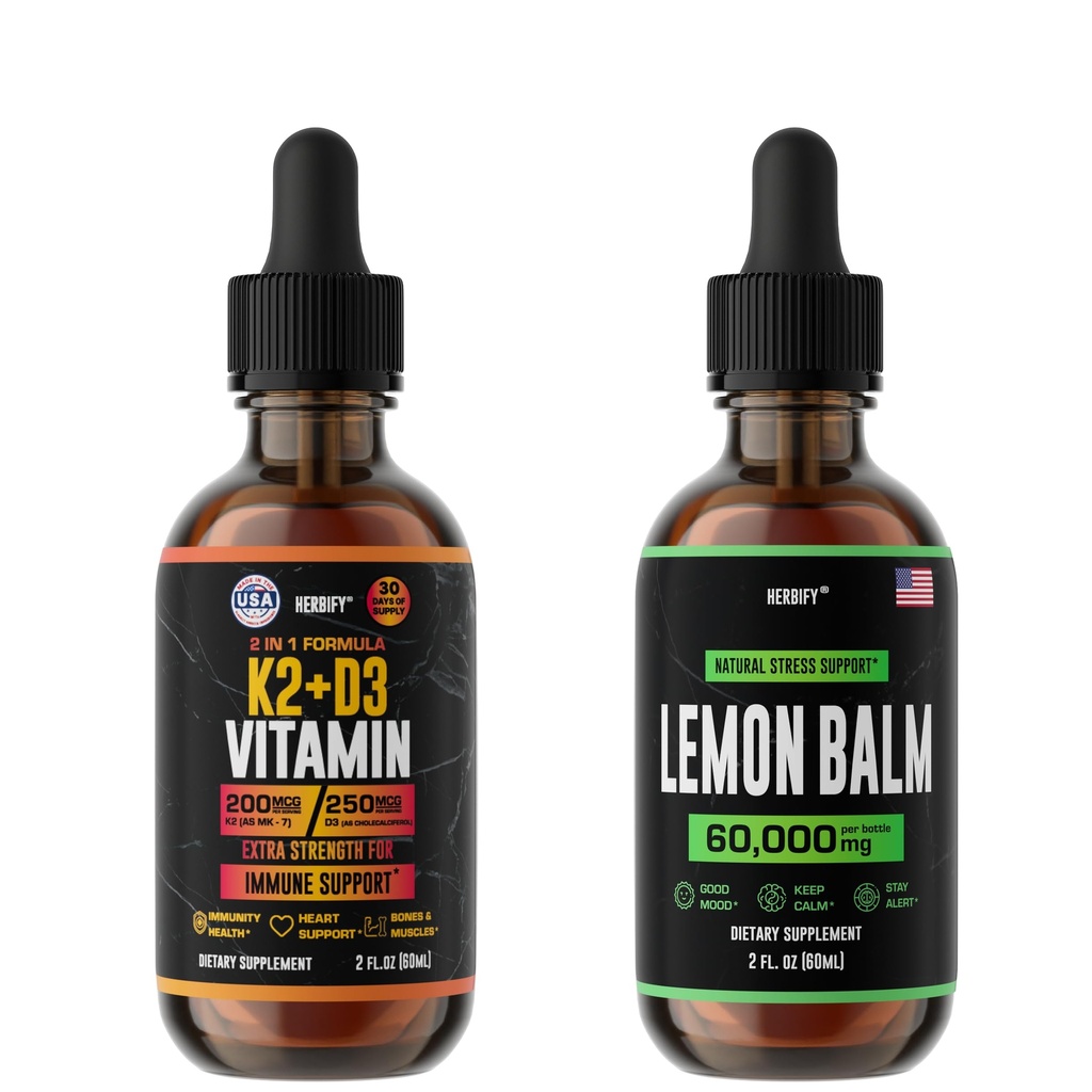Bouteille HERBIFY - Gouttes K2 et D3 et Teinture de baume de citron - Force osseuse et amélioration de l'humeur