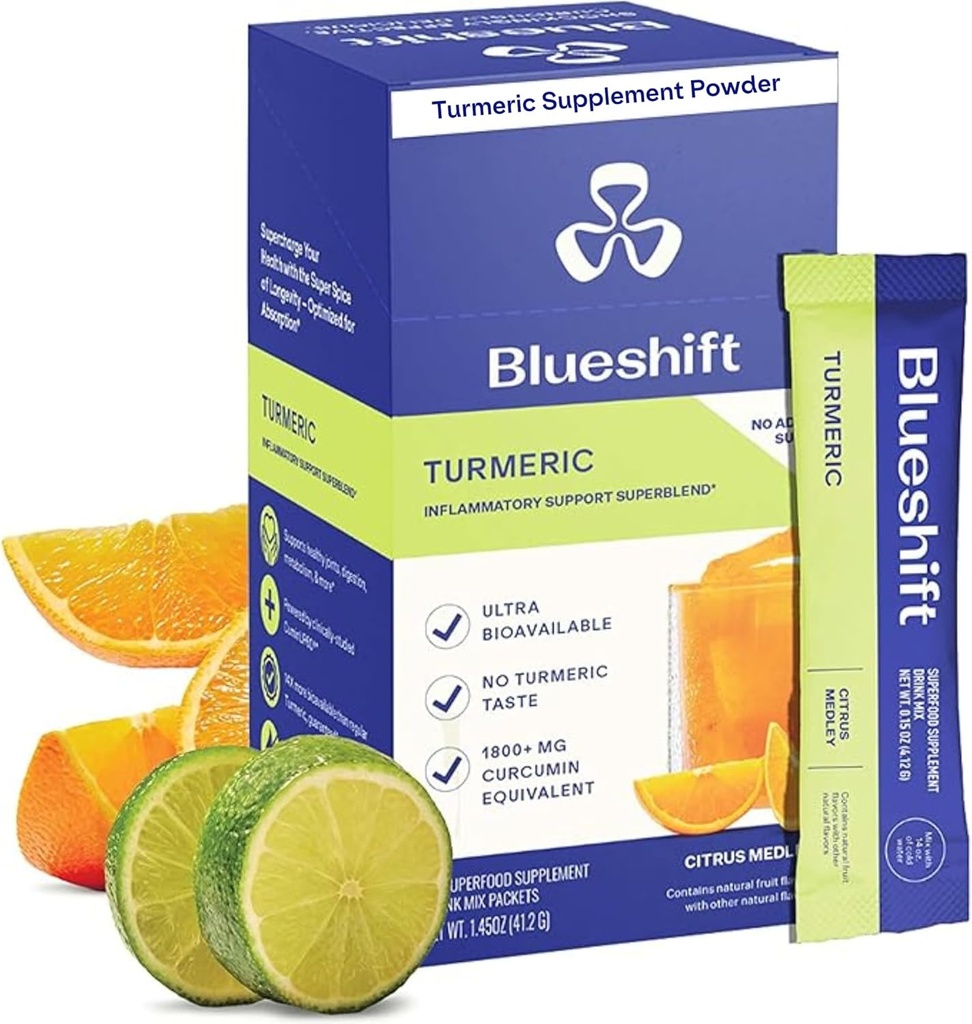 Blueshift Turmeric Citrus Medley - Paquets en poudre pour l'eau, supplément curcumin curcumin curcuma, sans mélange de boisson de sucre pour le soutien de récupération naturelle - Arôme d'agrumes, bâtonnets de poudre (10 Pack)