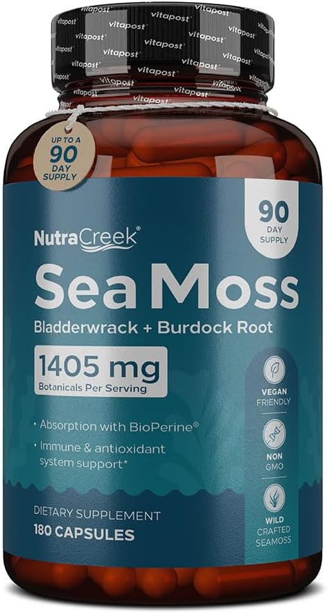 Mousse de mer : Capsules de mousse de mer irlandaise avec Bladderwrack, root de Burdock et BioPerine pour l'absorption. Soutien prébiotique et immunologique : 90 jours d'approvisionnement - 180 capsules