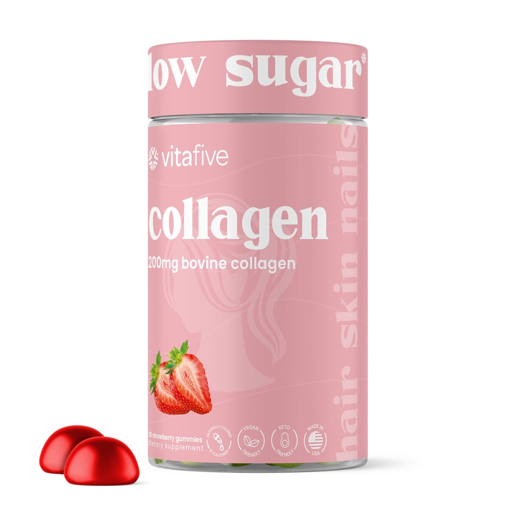 vitafive Collagen Gummies for Men and Women, Bovine Collagen, Collagen Gummy for Hair, Skin, and Connective Tissue Support, Gluten Free (50 Ct)
