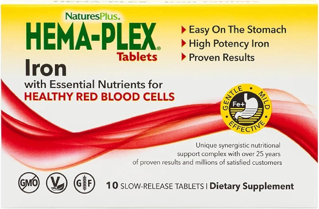 NaturesPlus Hema-Plex Fer - 10 comprimés à libération lente - 85 mg Fer chélaté - Santé totale du sang - avec vitamine C et bioflavonoïdes - végétalien, sans gluten - 10 portions