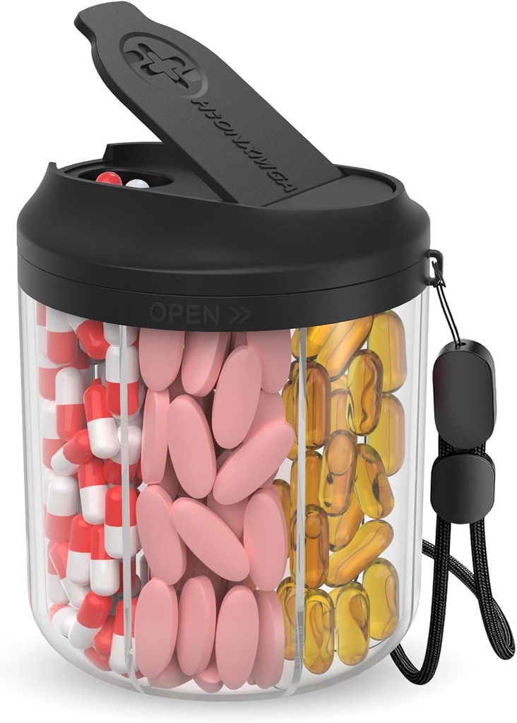Distributeur de pilules avec 7 grands compartiments, organisateur de bouteilles de pilules 4,4" H x 3,6" Dia pour les voyages, organisateur supplémentaire avec conception anti-mixante, conteneur de pilules sans BPA avec étiquettes 20 Pcs, noir