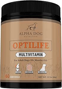 OptiLife Poudre de multivitamines pour chiens - Multivitamines pour chiens adultes avec probiotiques, support allergique, soutien articulaire, support de peau et de manteau - Vitamines pour chiens et suppléments - Multivitamines pour chiens (60 portions)
