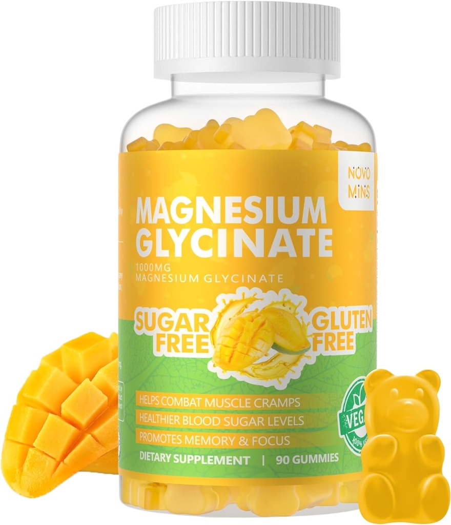 90 CT Glycinat de magnésium Gommies 1000mg - Supplément de potassium de magnésium sans sucre avec vitamine D, B6, CoQ10 pour l'humeur calme et le soutien du sommeil - 90 Gommies d'ananas de mangue