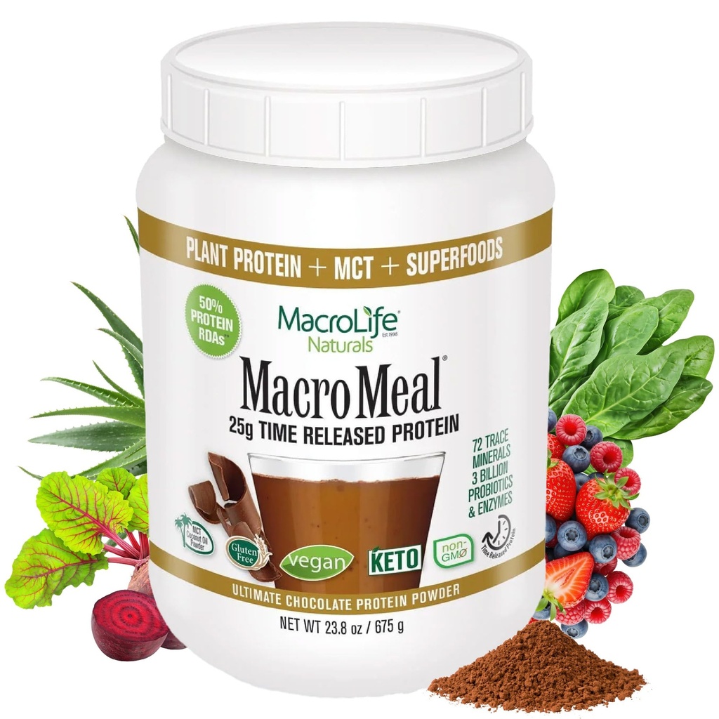 MacroLife Naturals MacroMeal Chocolat végétalien Poudre de protéines Superfood Greens Probiotiques + Fibre, Immune Énergie Essentiels quotidiens digestifs pour les femmes et les hommes Sans gluten - 23.8oz (15 portions) Chocolat