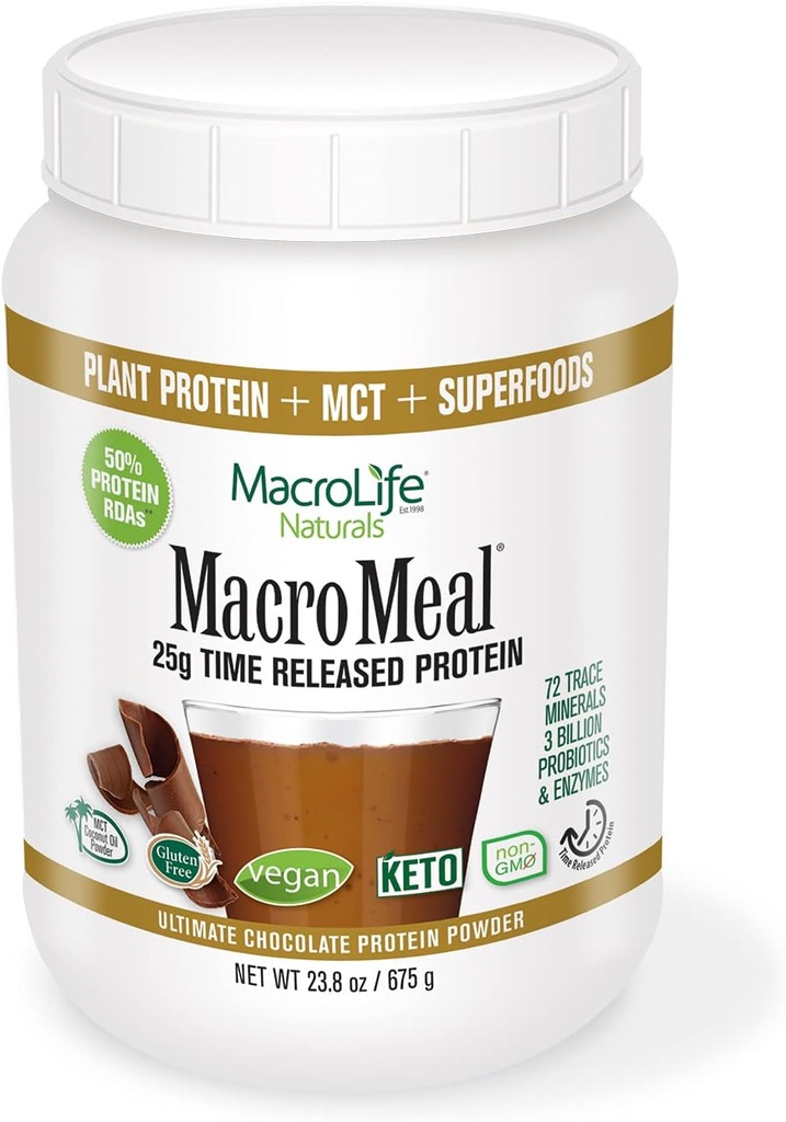 MacroLife Naturals MacroMeal Vegan Chocolate Protein Powder Superfood Greens Probiotics + Fiber, Immune Energy Digestive Daily Essentials for Women & Men Gluten-Free - 23.8oz (15 Servings) Chocolate
