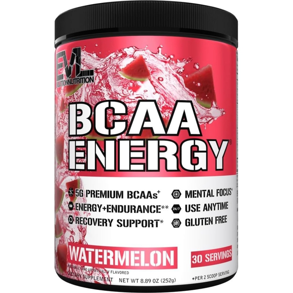 EVL BCAAs Amino Acids Powder - BCAA Energy Pre Workout Poudre pour la récupération des muscles Plonger croissance et endurance - Réhydrater la boisson de récupération après entraînement avec la caféine naturelle - pastèque