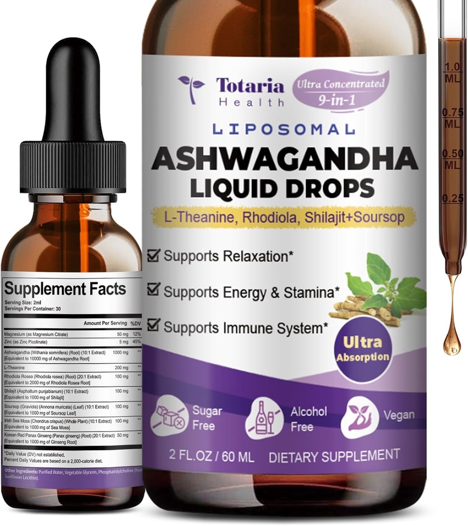 Totaria Liposomal Ashwagandha gouttes liquides (7% Withanolides) w/Soursop Bitters, L-Theanine, Magnésium, Shilajit, Absorption maximale, Énergie naturelle, Cortisol Santé pour les femmes et les hommes, Non-OGM, 2 Fl Oz
