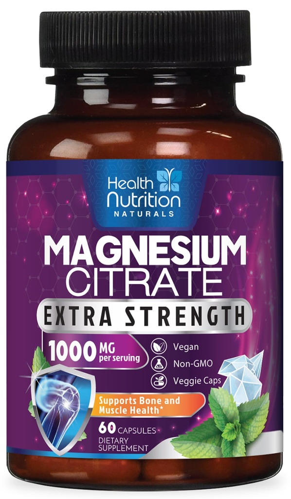 Capsules de citrate de magnésium 1000mg - Poudre de magnésium d'absorption maximale pour le muscle, le nerf, le os et le cœur, complexe de citrate d'absorption élevée, sans gluten, sans OGM - 60 capsules