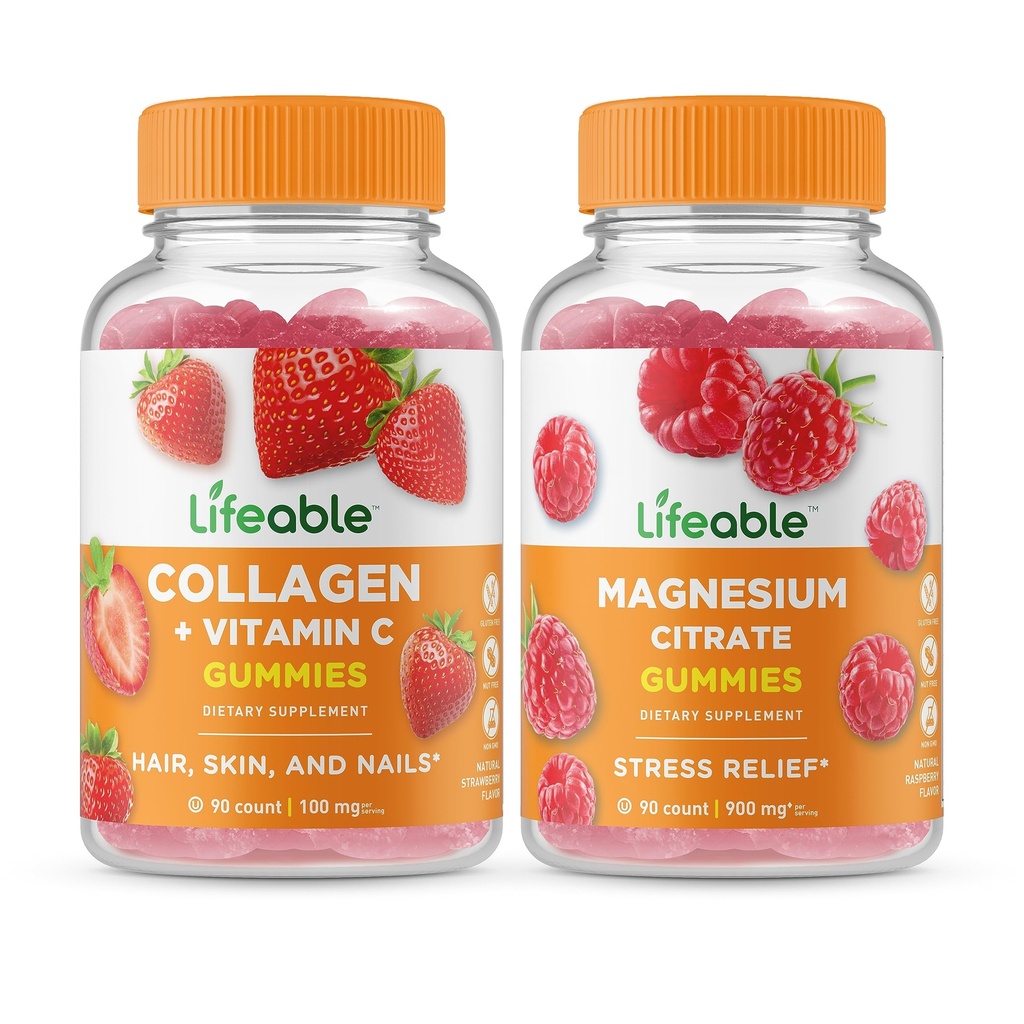 Collagène et vitamine C à vie + Magnésium, Gommies - Grande dégustation, supplément de vitamine, sans gluten, sans OGM, gommy à croquer