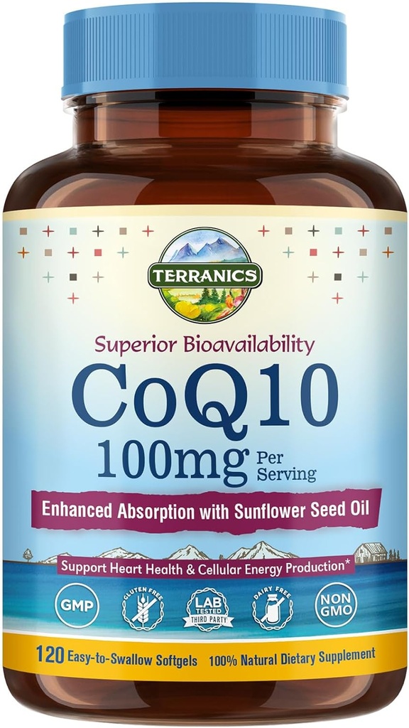 Terranics CoQ10 100mg, 120 Softgels, Absorption avec l'huile d'olive extra vierge, la santé cardiaque et la production d'énergie