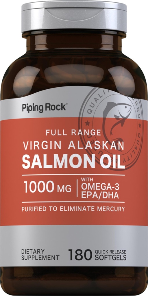 Piping Rock Wild Saumon d'Alaska Huile de poisson de 1000mg de softgel 180 suppléments pour les humains Oméga-3, EPA et DHA.