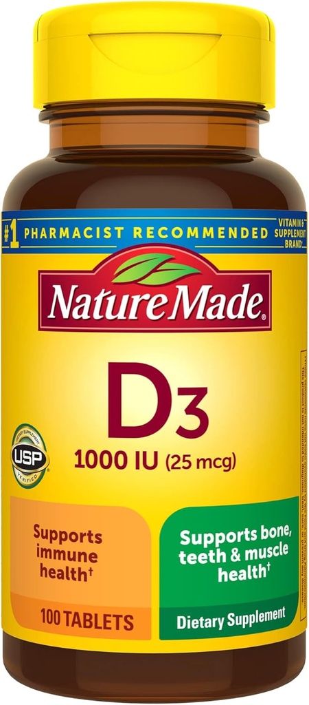 Nature faite vitamine D3 1000 UI (25 mcg), supplément de vitamine D pour os, dents, muscles et immunitaires, 100 comprimés, 100 jours d'approvisionnement