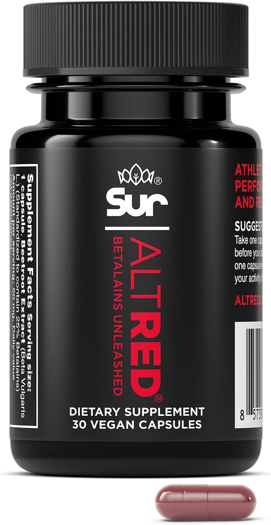 AltRed Sur Beet Root Capsules pour la récupération musculaire et la nutrition sportive - 25% Betalain Extract Pre Workout & Nitric Oxide Supplément pour athlètes d'endurance - NSF certifié pour le sport