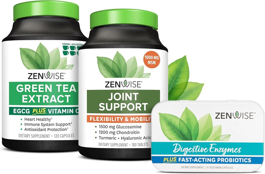 Zenwise Health Extrait de thé vert, soutien conjoint, enzymes de taille de voyage gratuite