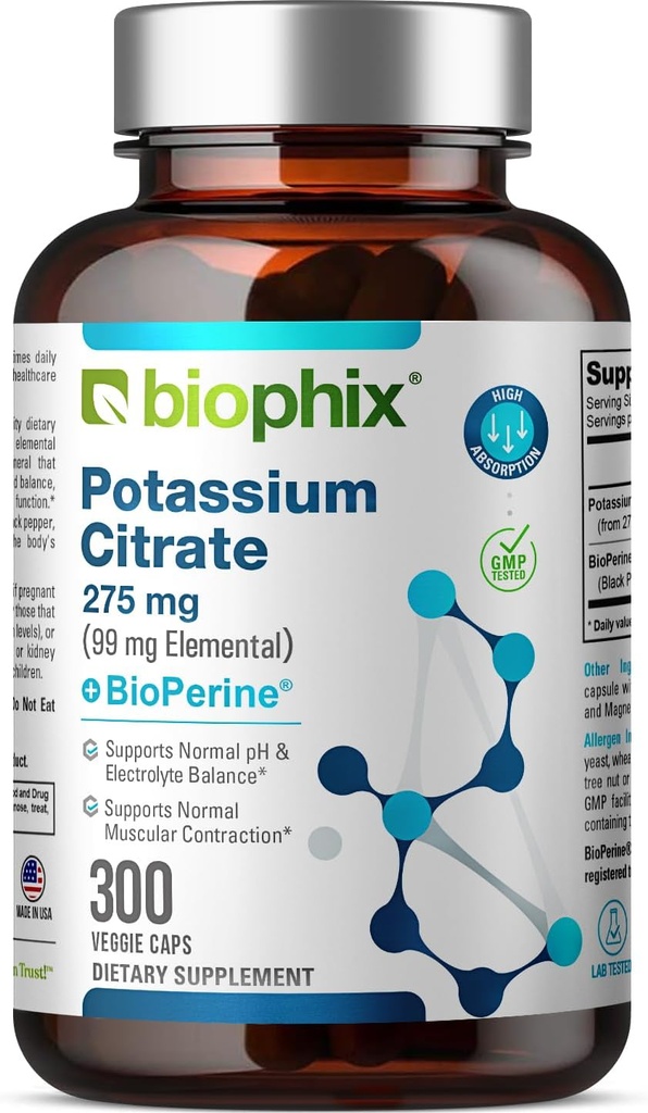 Biophix Potassium Citrate 275 mg avec BioPerine 300 Capsules de Veggie - Soutient Electrolyte Balance, Nerve., Fonction musculaire et Santé cardiovasculaire