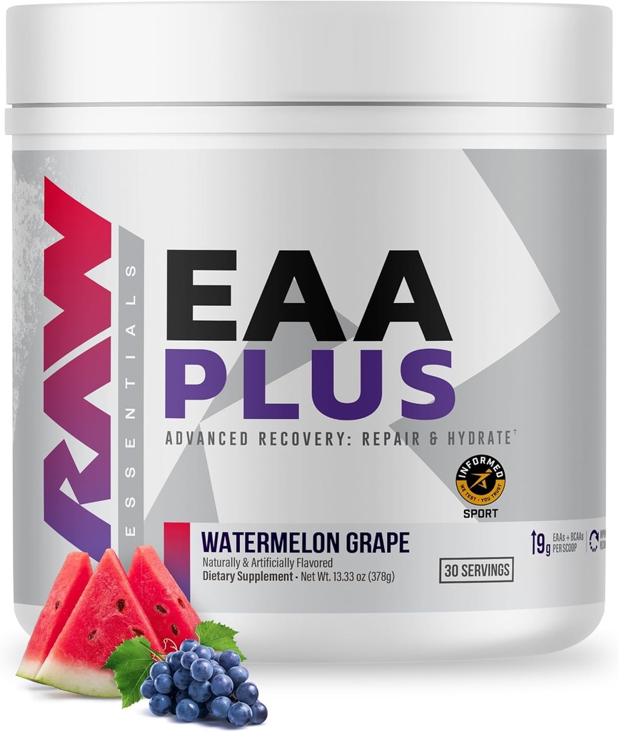 RAW EAA Plus, Amino Acides Poudre, Pastèque Raisin (30 portions) - Pré-entraînement Amino Energy Poudre pour l'endurance, la récupération et la croissance musculaire avancée - BCAA Amino Acides Supplément pour hommes et femmes