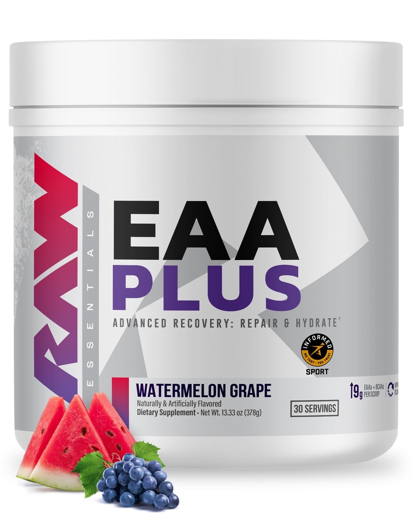 RAW EAA Plus, Amino Acides Poudre, Pastèque Raisin (30 portions) - Pré-entraînement Amino Energy Poudre pour l'endurance, la récupération et la croissance musculaire avancée - BCAA Amino Acides Supplément pour hommes et femmes