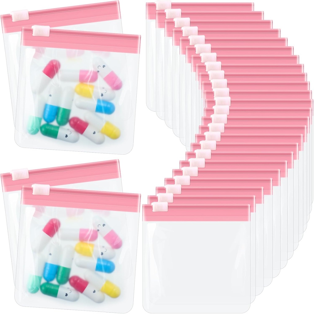 24 pièces Sacs de poche à pilules Sacs à pilules zippées Ensemble de sachets à pilules translucides réutilisables Organisateur de médicaments auto-étanchéité Sacs à pilules en plastique de voyage avec fermeture à glissière Baggies pour pilules (rose claire)