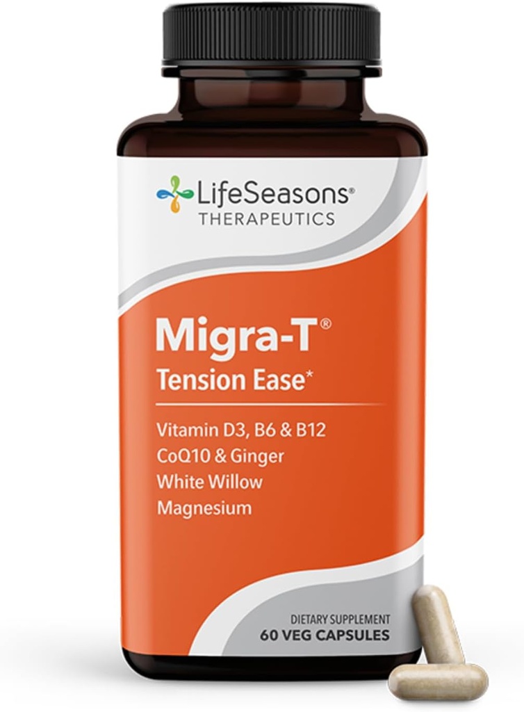 LifeSeasons Migra-T with Relieve-R - Supplément de prévention et de soulagement de la migraine - Soutien pour les maux de tête sévères - réduit la sensibilité à la lumière sonore et à l'odeur - Feverfew, White Willow, Magnesium Ginger & CoQ10
