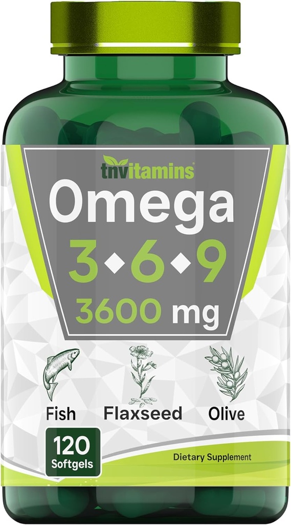 tnvitamins Triple Omega 3◆ 6◆ 9: 3600mg x 120 Softgels | Omega Essential Fatty Acids from Fish Oil (EPA & DHA), Flaxseed (ALA & LA), & Olive Oil (OA) | Supplement for Women & Men | Non-GMO