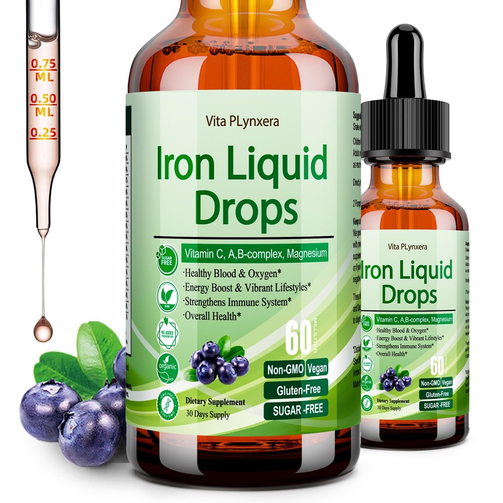 Supplément en fer liquide pour femmes hommes et enfants, gouttes de fer végétalien avec vitamine C D, B12, complexe B, liquide à haute puissance avec multivitamine pour l'anémie, soutien énergétique, sang, magnésium doux