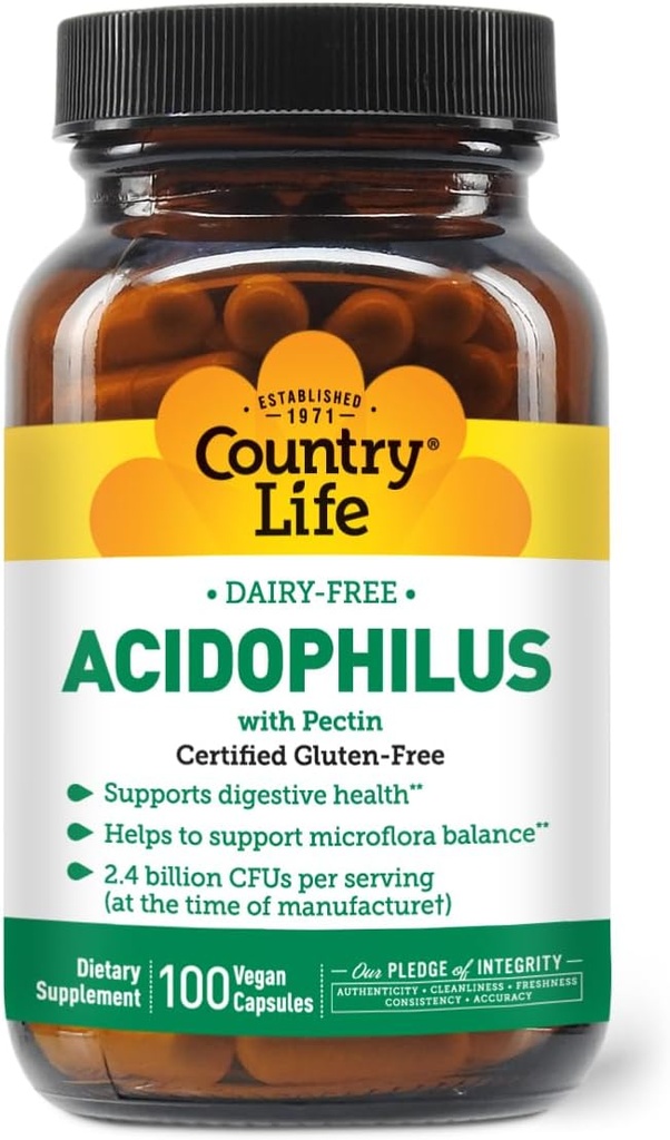 Country Life Acidophilus Probiotic Supplément pour les femmes et les hommes - exempts d'allergènes communs - 2,4 milliards d'UFC pour soutenir la santé digestive - sans lait, sans OGM, 100 capsules végétaliennes