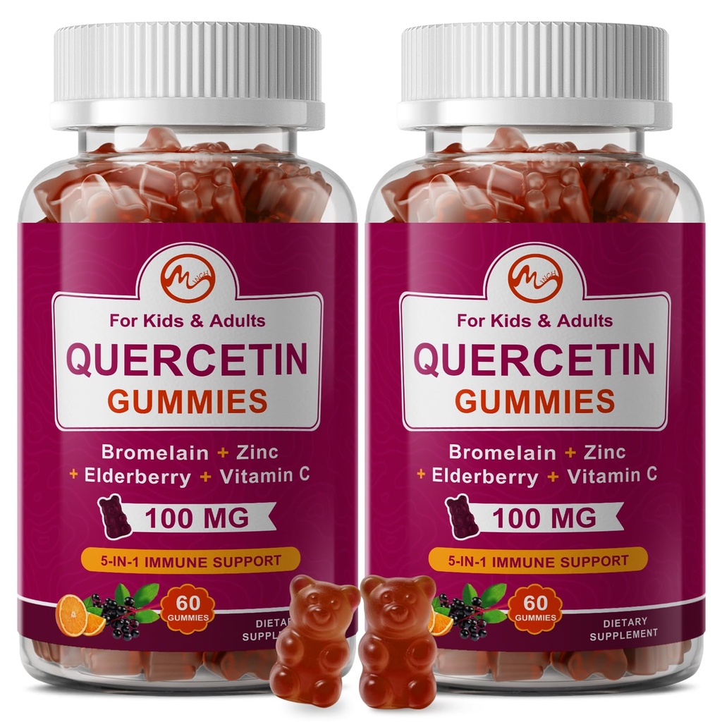 (2 Pack) Gommies Quercetin avec Bromelain, Elderberry, Zinc et Vitamine C - Supplément Quercetin à croquer 700mg pour l'immunité, l'allergie, l'aide au vieillissement - Gommies végétaliennes pour adultes et enfants