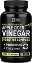 Capsules de vinaigre de cidre de pomme biologique + enzymes digestives et probiotiques (1500mg) 120 capsules) Pilules de vinaigre de cidre de pomme crue et supplément de fibre pour la santé de Gut, le soutien immunitaire, la digestion et la désintoxication