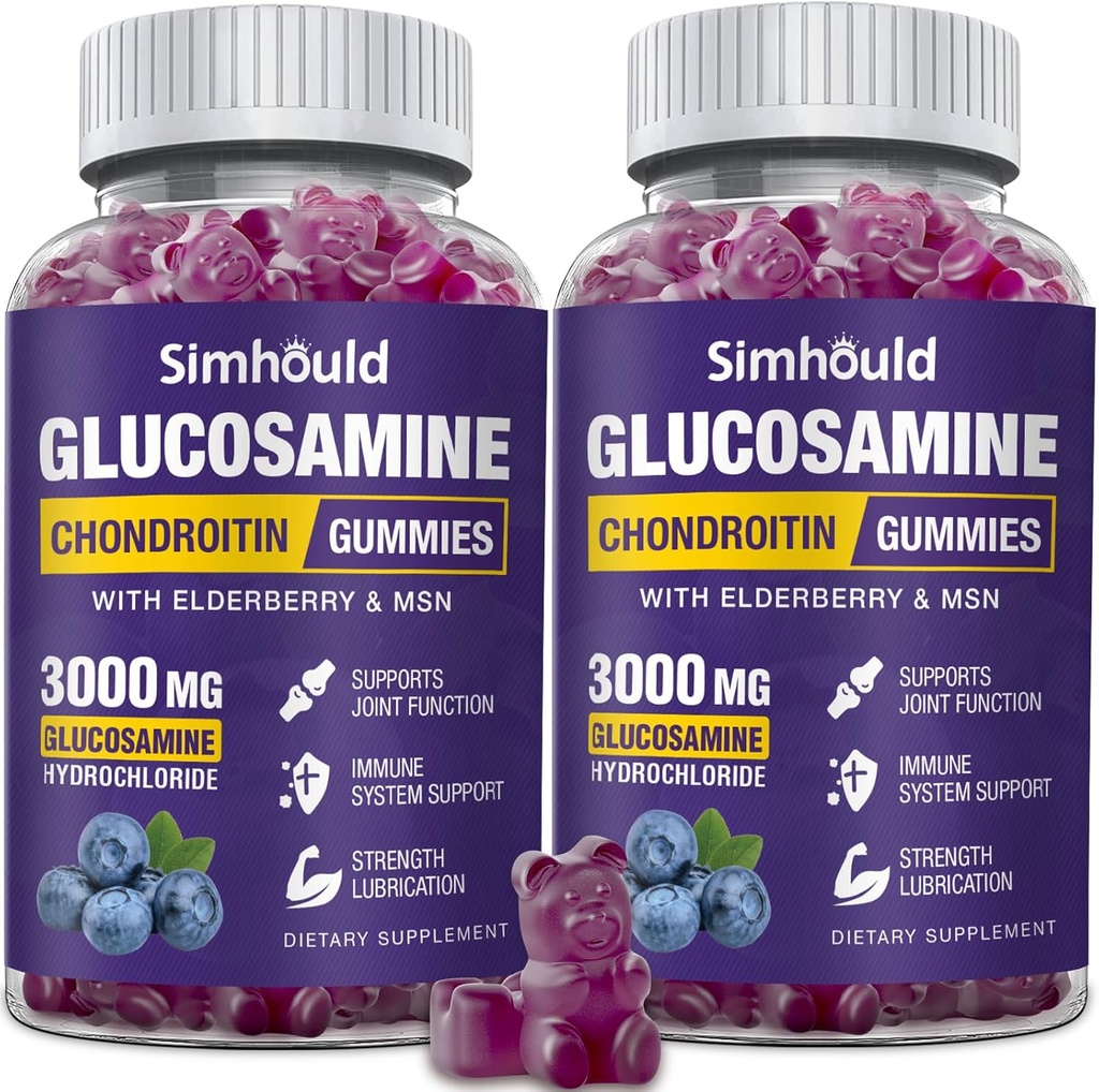 2 Packs Glucosamine Chondroitin Gummies - 3000MG Extra Strength Joint Support Supplement with MSM & Elderberry, Flexibility, Antioxidant Immune Support Gummy for Adults, Men & Women
