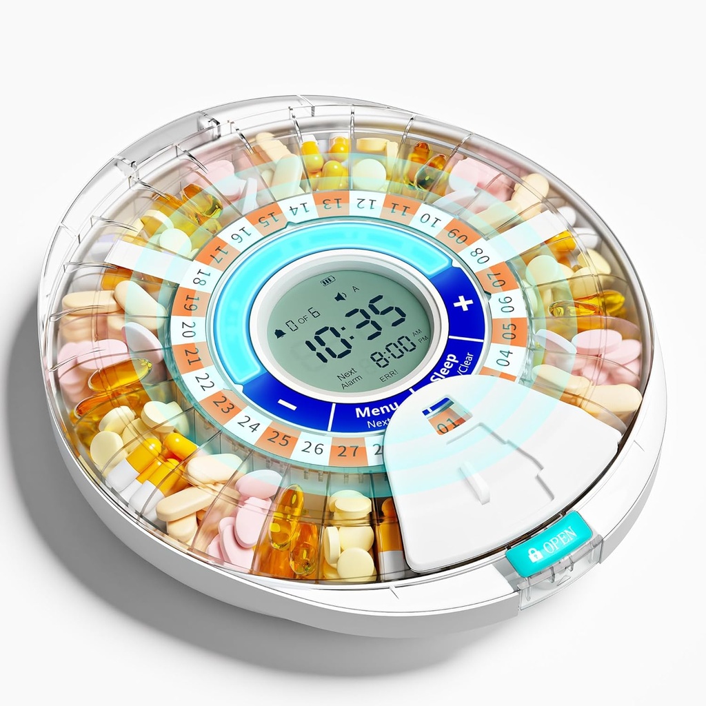Distributeur de pilules automatique amélioré pour les personnes âgées avec alarme: Distributeur de pilules intelligent avec 28-Slot, Mix-Proof Tech & XL LCD, Durabilité améliorée pour la prise en charge médicale quotidienne