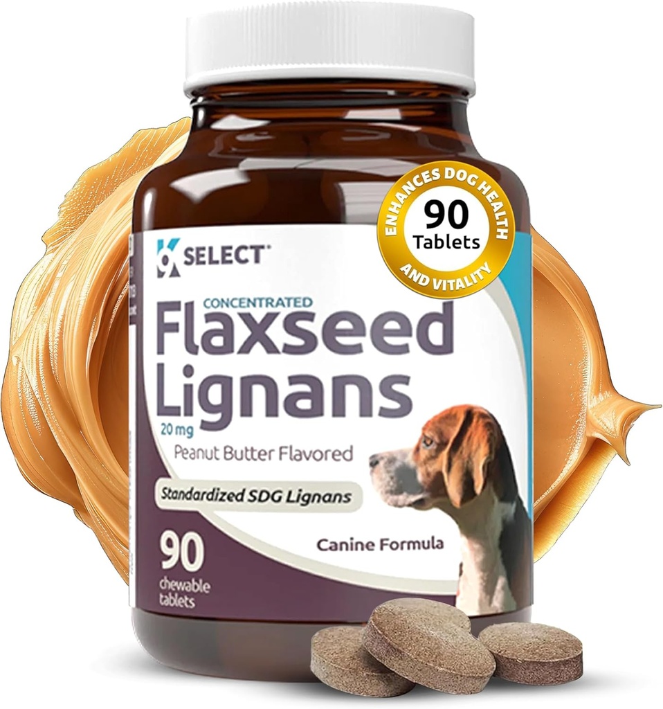 K9 Select Concentrated Flaxseed Lignans for Dogs, 20mg 90 Tablets, Peanut Butter Flavored Chewable, Impove Coat