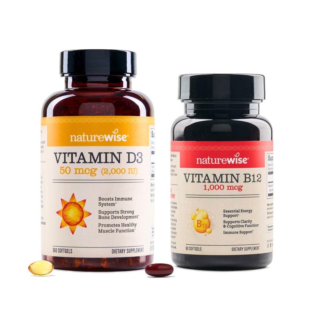 NatureWise Vitamine D3 2000iu 360 Compte et vitamine B12 1000mcg 60 Softgels pour l'énergie, le soutien immunitaire et la fonction musculaire saine