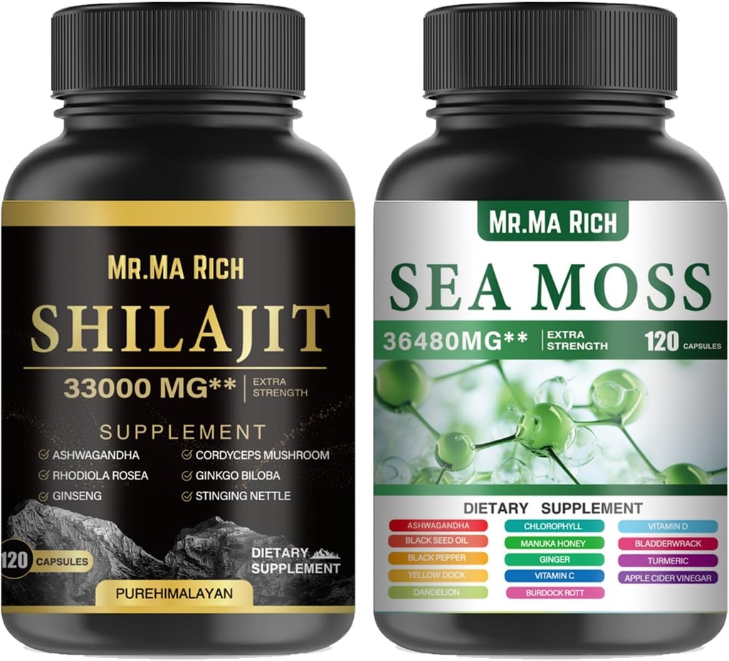 Sea Moss and Shilajit Capsule Bundle, Ashwagandha Rhodiola Rosea Ginseng Cordyceps Champignon Ginkgo Biloba Sting Nettle Magic Moss Blendim Black Seed Turmeric Bladderwrack Burdock Black Pepper