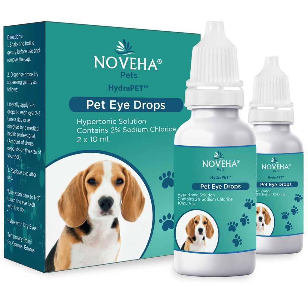 NOVEHA HydraPetTM gouttes d'œil roses pour chiens et chats.Lubrifier des larmes artificielles avec 2% de chlorure de sodium, soulager l'œdème cornéen et les animaux de compagnie Syndrome des yeux secs, yeux d'animaux irrités - 10mL (paquet de 2)