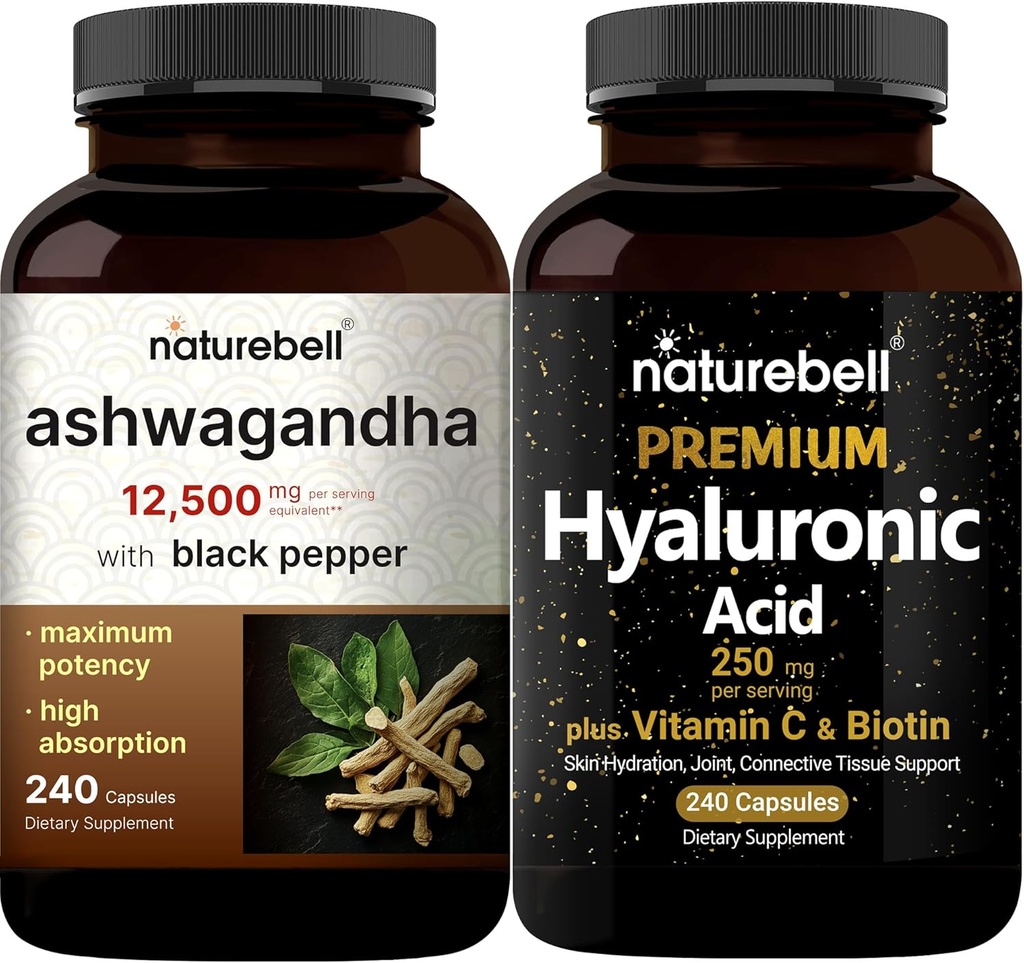 NatureBell Capsules d'acide hyaluronique avec Biotin + Vitamine C & Ashwagandha 12 500 mg Équivalent avec Black Pepper Bundle Pack de soins de beauté complets