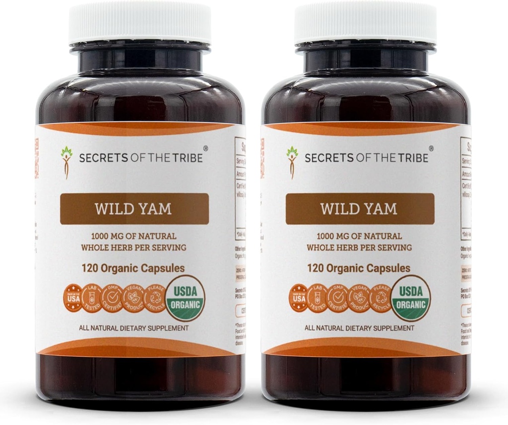 Secrets de la Tribe Wild Yam Capsules 1000 mg Responsiblely Farmed USDA Bio Wild Yam (Dioscorea Villosa) Racine séchée, supplément de soutien à l'hormone (2x120 capsules)