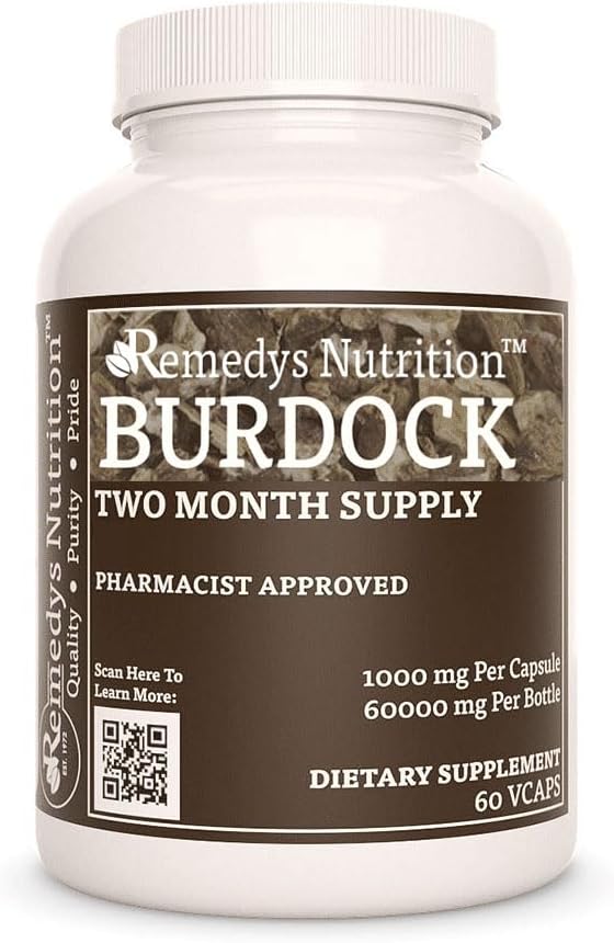 La nutrition de Remedy Root de Burdock $ 1,000 mg, 60 Capsules végétaliennes complément alimentaire à base de plantes $ 2 mois d'approvisionnement $ Contient également Quercetin et vitamine C