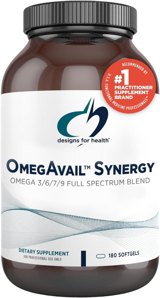 Conceptions pour la santé OmegAvail Synergy - Omega Complex pour adultes - Omega 3-6-7-9 Acides gras de l'huile de brage et de macadamia + Triglycéride (TG) Huile de poisson avec DHA & EPA (180 Softgels)