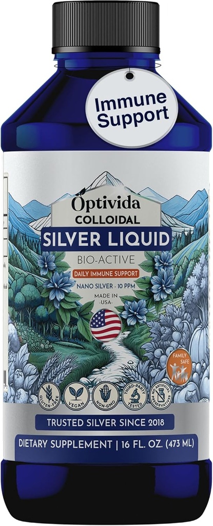 Optivida Health Colloïdal Silver Liquid (16 Oz) – Supplément colloïdal Nano Silver Premium pour le bien-être quotidien et le soutien immunitaire, hydrosol liquide naturel en argent pour adultes et enfants, sans OGM, sans gluten