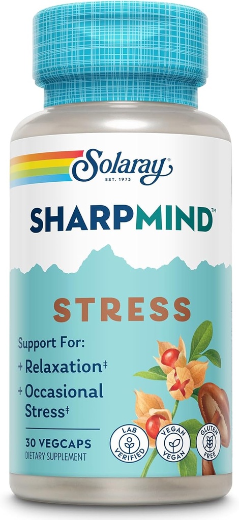 SOLARAY SharpMind Stress, Nootropic Mood Support Supplément pour la relaxation et le soutien occasionnel de stress, Adaptogène avec Ashwagandha, L Theanine, 60 jours garantie d'argent, 30 Serv 30 VegCaps