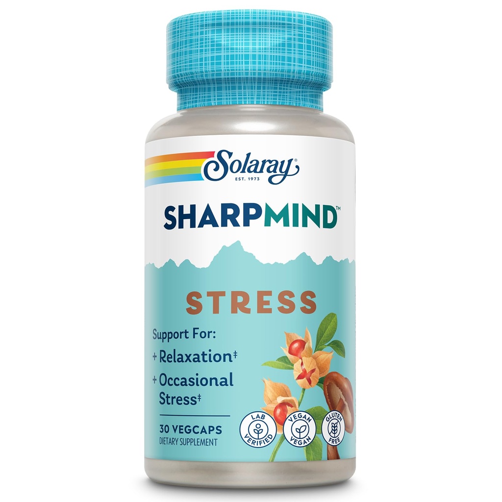 SOLARAY SharpMind Stress, Nootropic Mood Support Supplement for Relaxation and Occasional Stress Relief Support, Adaptogen with Ashwagandha, L Theanine, 60 Day Money Guarantee, 30 Serv 30 VegCaps
