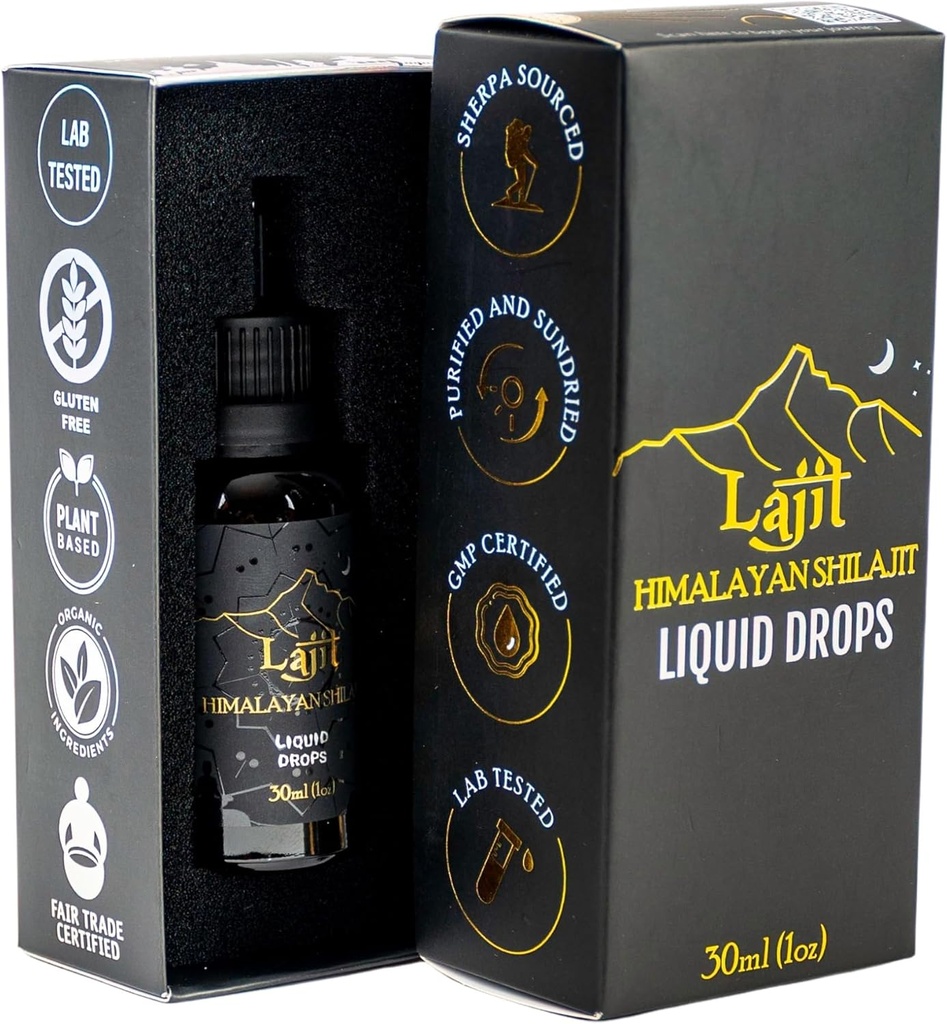 Lajit Gold Grade Himalayan Shilajit gouttes liquides – organiques, séchés au soleil – nutriments biodisponibles - acide fulvic, 85+ minéraux traces – laboratoire testé pour les hommes et les femmes – énergie naturelle, immunité, force– 30ml