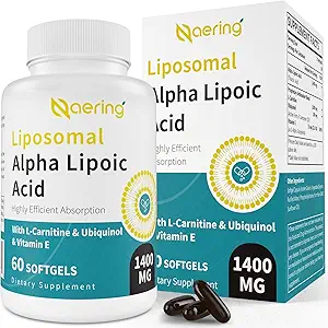 Acide liposomique alpha lipoïque 1400mg Softgels, supplément ALA avec L-Carnitine 1000mg, Ubiquinol (CoQ10 active) 100mg et vitamine E 10mg, Acide liposomique pour les antioxydants, Nerve,Energy 180 Softgels
