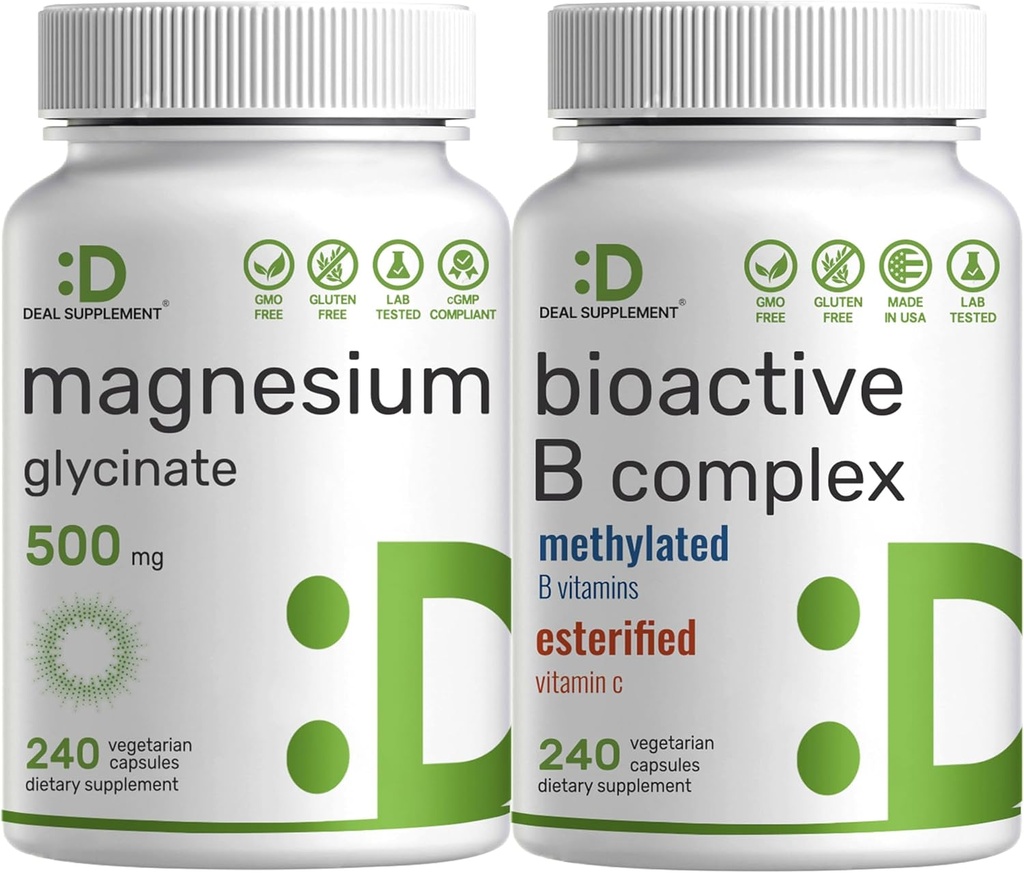 Magnesium Glycinate 500mg Veggie Capsules & Bioactive Vitamin B Complex Bundle Pack – Easily Absorbed Chelated Mineral – Immune, Energy, & Metabolism Supplement