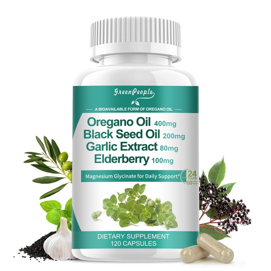 Capsules organiques d'huile d'origan – 11-en-1 Mélange avec de l'huile de graines noires, de la mûre, de l'ail, de la feuille d'olive – Magnésium et poivre noir pour l'absorption – Immune, respiratoire et digestif – végétalien, non-OGM, 120 Ct