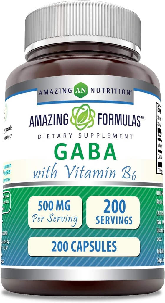 Formules étonnantes GABA avec supplément de vitamine B6 (500 Mg par portion) 200 capsules (100 mg) sans gluten (100 mg)